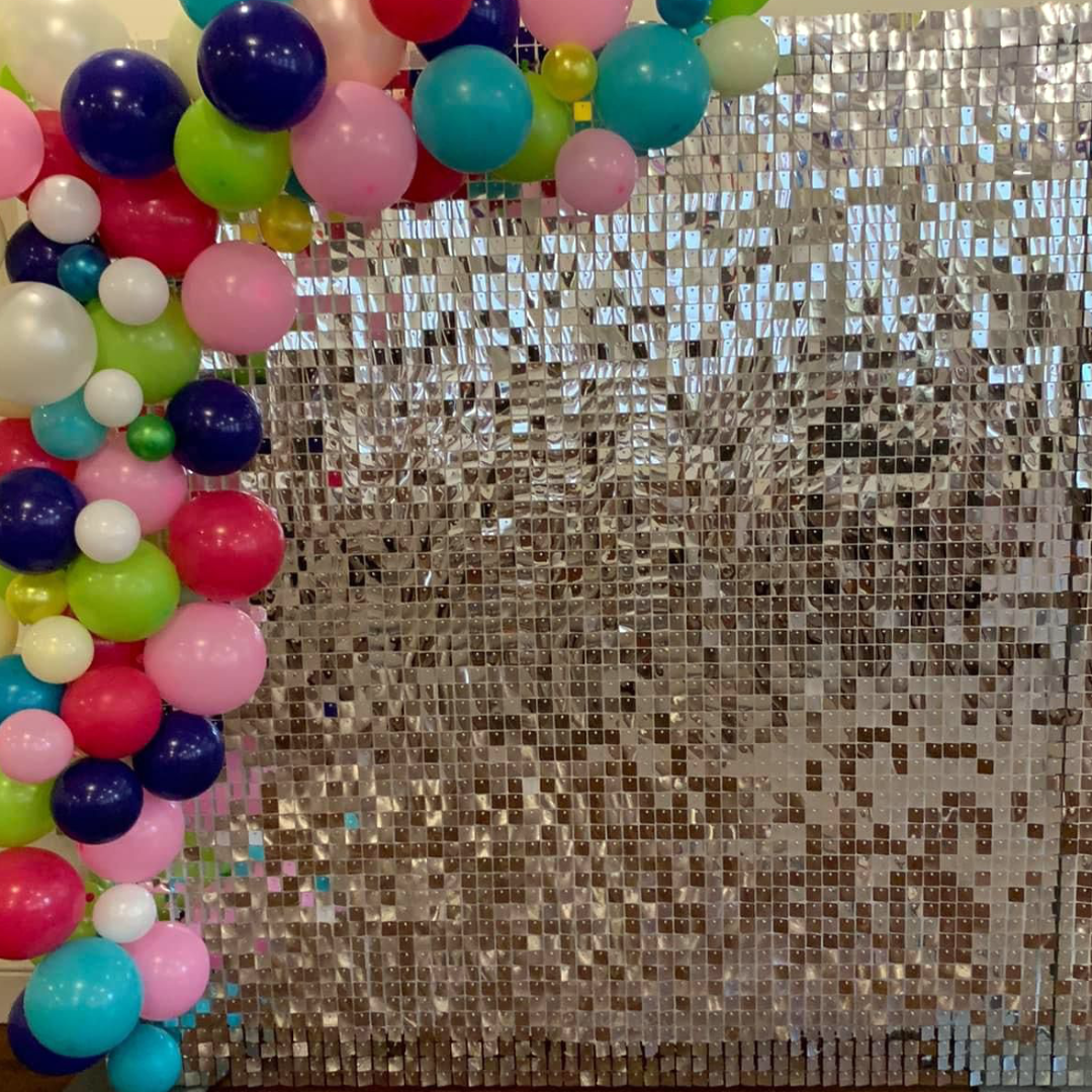 Multi Balloons with silver glitter wall